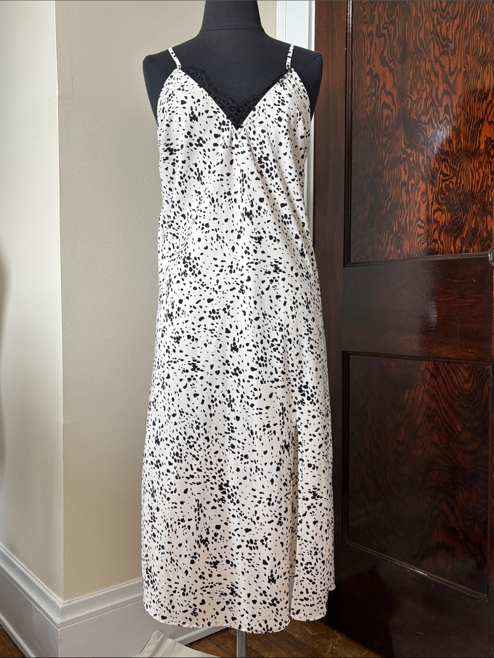 A new day Cream Black Speckle Animal Print Slip Dress with Lace Trim